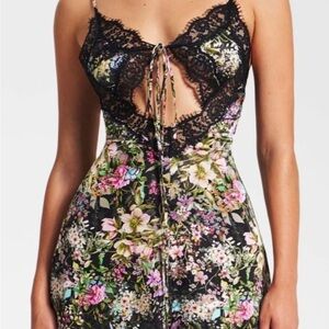 Tehila Floral Print Satin Mini Dress With Lace Trim